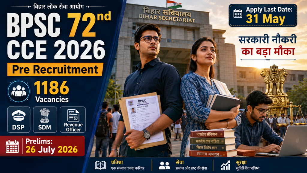 BPSC 72nd Pre Recruitment 2026: 1186 पदों पर भर्ती — Last Date 31 May, Vacancy, Eligibility, Exam Date और Apply Process पूरी जानकारी