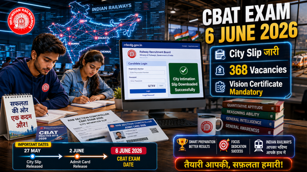 RRB Section Controller CBAT Exam City Details 2026 जारी — अभी डाउनलोड करें City Intimation Slip