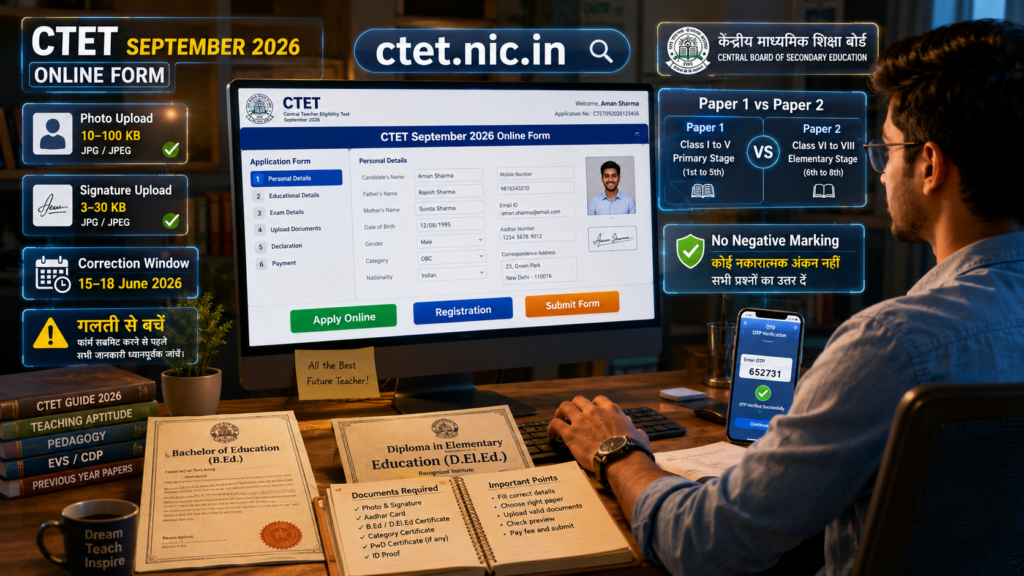 CTET September Online Form 2026: Last Date 10 June, Paper 1 & 2 Eligibility, Fee, Exam Pattern और Step-by-Step Apply Guide