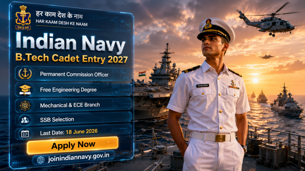 Indian Navy 10+2 B.Tech Cadet Entry January 2027 — 60 Vacancies, JEE से Selection, Free B.Tech और पूरी जानकारी