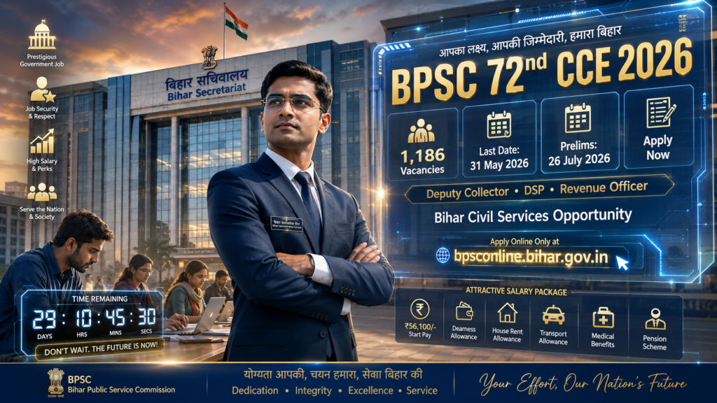 BPSC 72nd Pre Recruitment 2026 — 1,186 Vacancies, 31 May Last Date, Prelims 26 July और पूरी जानकारी