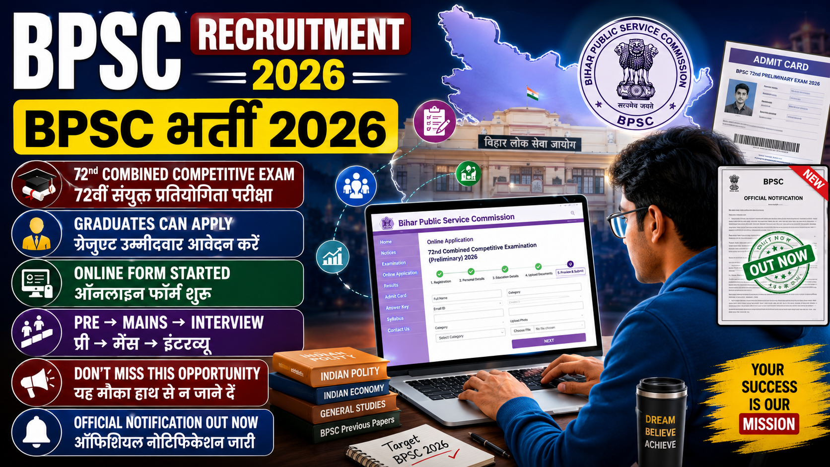 BPSC 72nd Combined Competitive Examination (CCE) Pre 2026 — पूरी जानकारी यहाँ देखें | 1186 पदों पर भर्ती शुरू