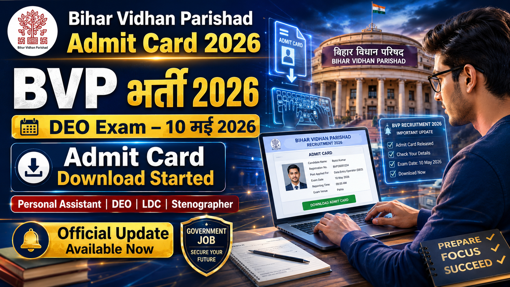 Bihar Vidhan Parishad भर्ती 2026 — Personal Assistant, DEO, LDC और Stenographer के लिए Admit Card जारी, 10 मई को होगी परीक्षा